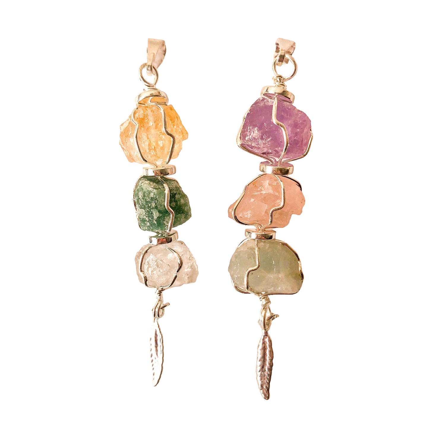 3 Rough Stones Feather Pendants