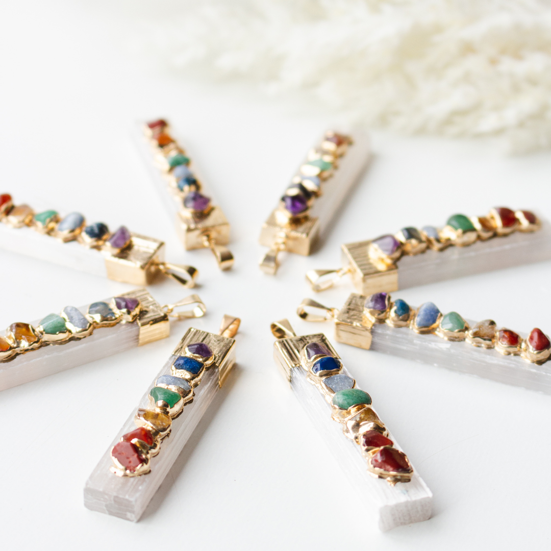 7 Chakras Selenite Bar Pendants - Nativa Gems