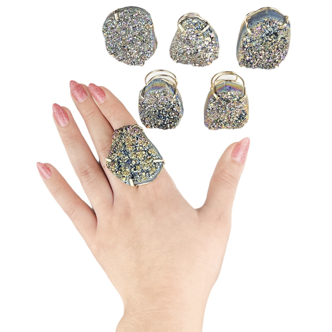 Rainbow Aura Druzy Rings