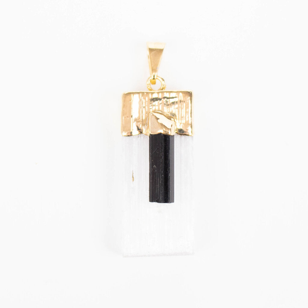 Selenite with Black Tourmaline Points Pendants - Nativa Gems