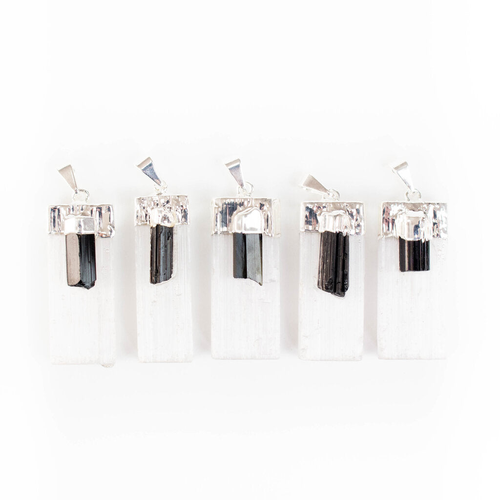 Selenite with Black Tourmaline Points Pendants - Nativa Gems