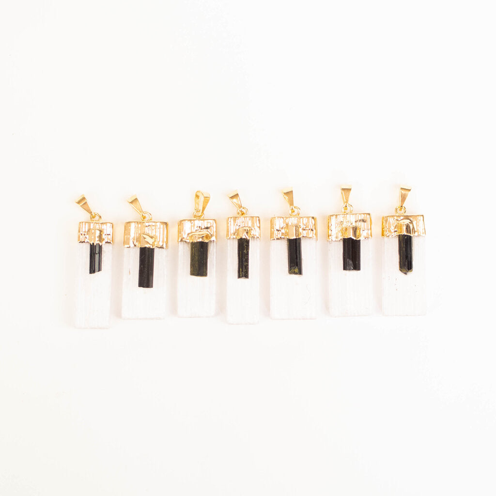 Selenite with Black Tourmaline Points Pendants - Nativa Gems