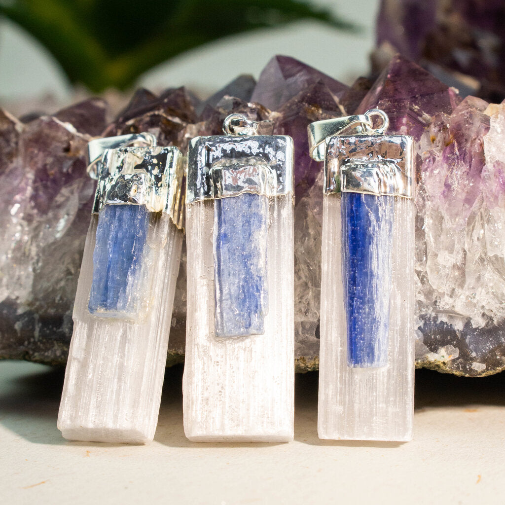 Selenite with Blue Kyanite Points Pendants - Nativa Gems
