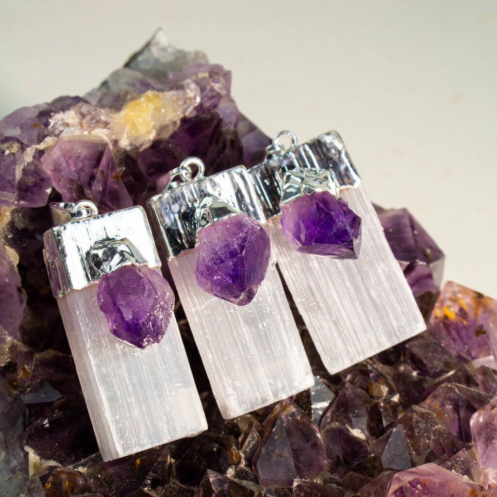 Selenite with Amethyst Points Pendants - Nativa Gems