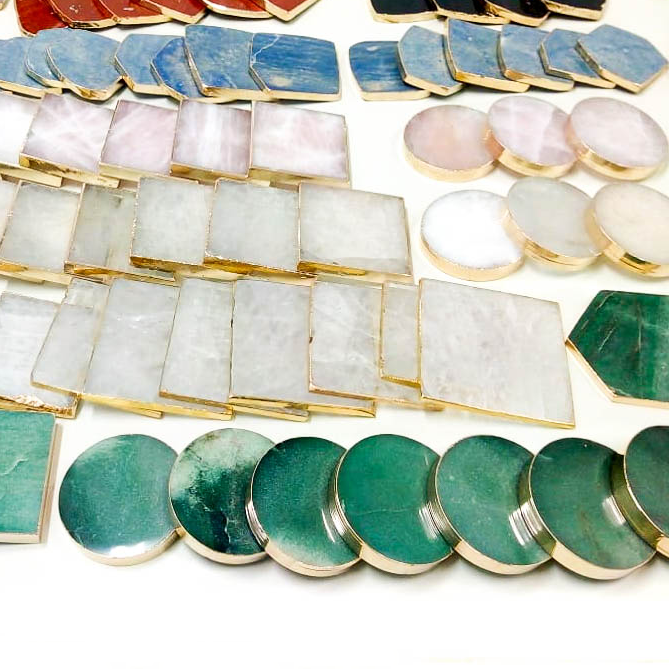 Shaped Rose Quartz, Clear Quartz, Green Aventurine, and Sodalite Coasters