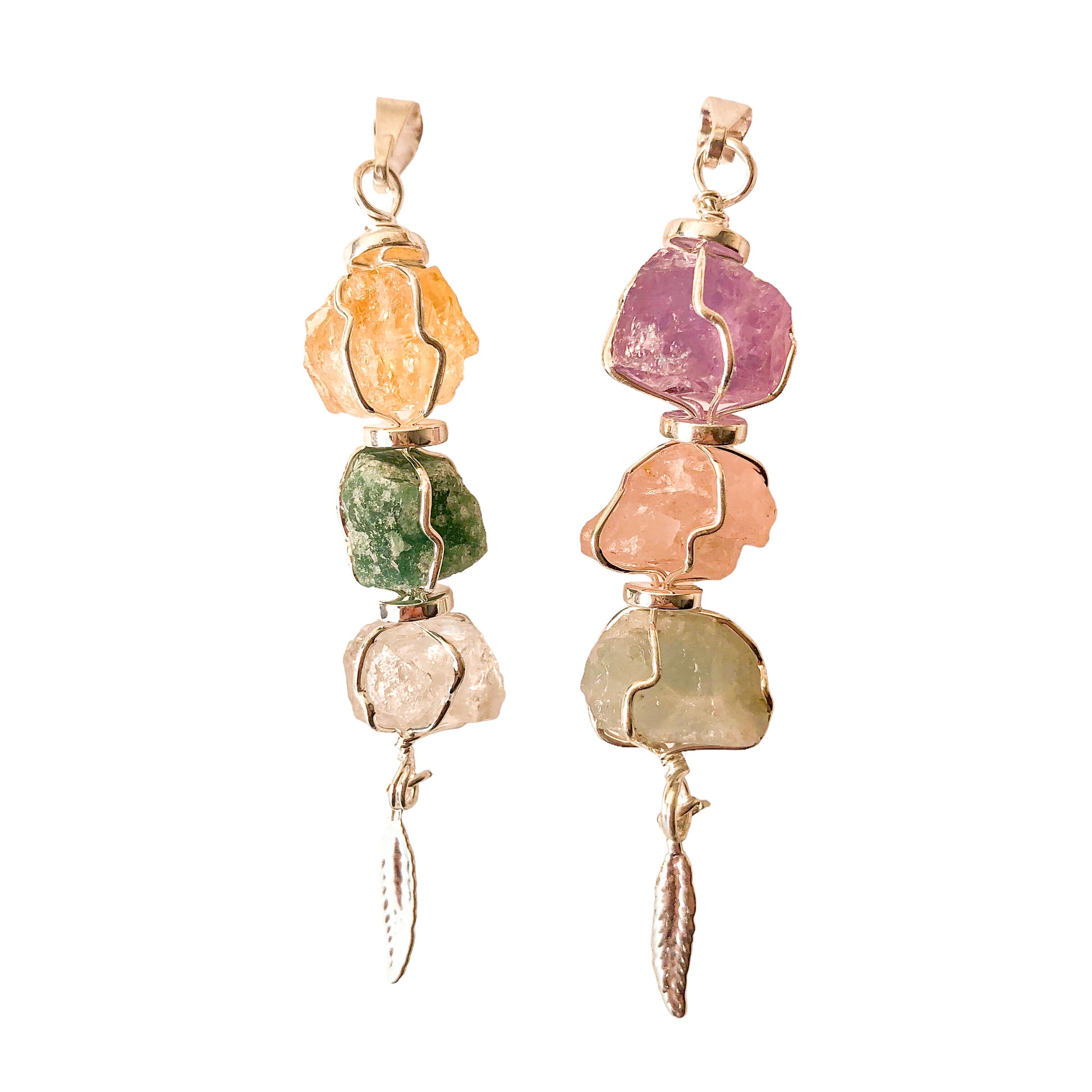 3 Rough Stones Feather Pendants