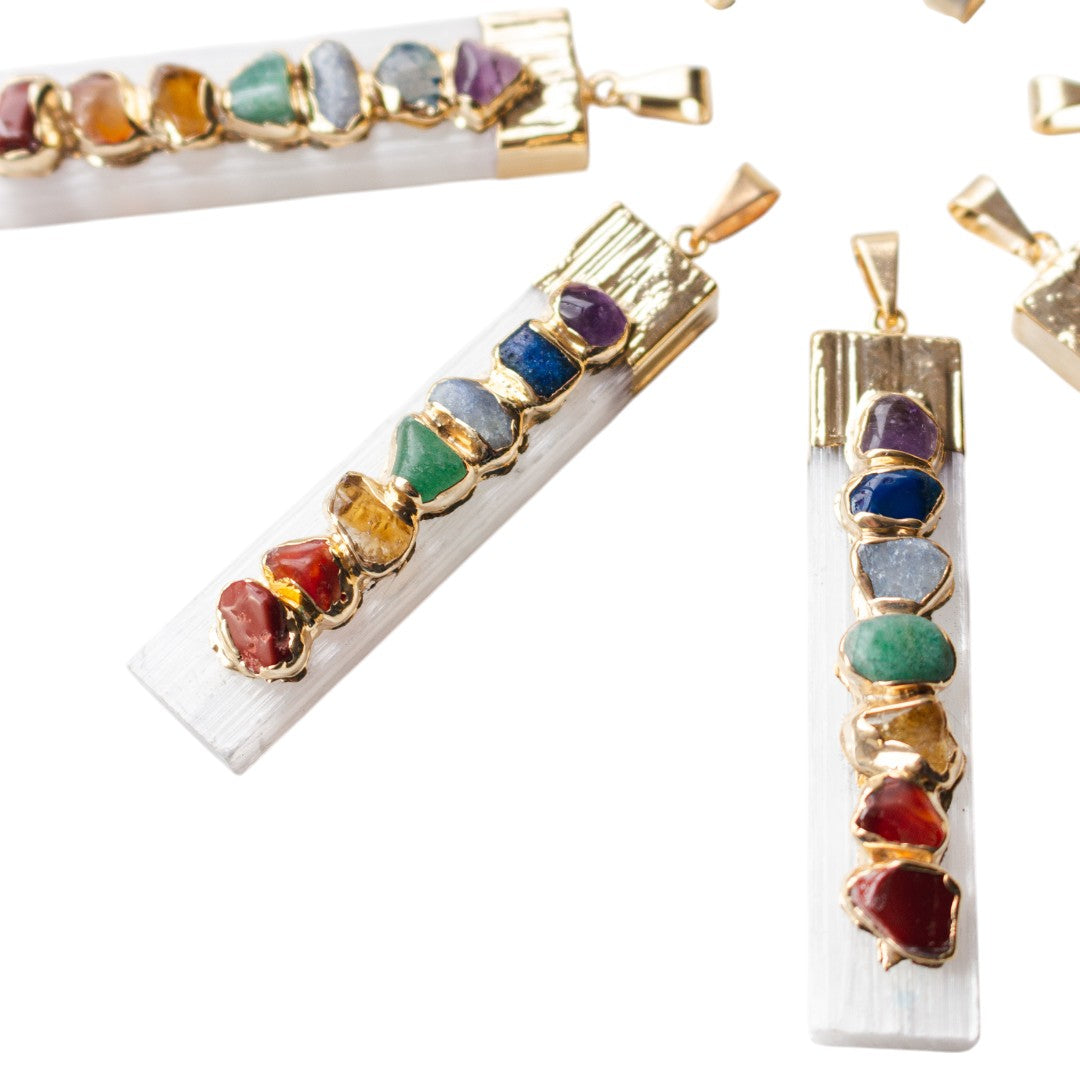 7 Chakras Selenite Bar Pendants - Nativa Gems