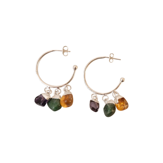 THREE TUMBLE STONES  HOOP EARRINGS