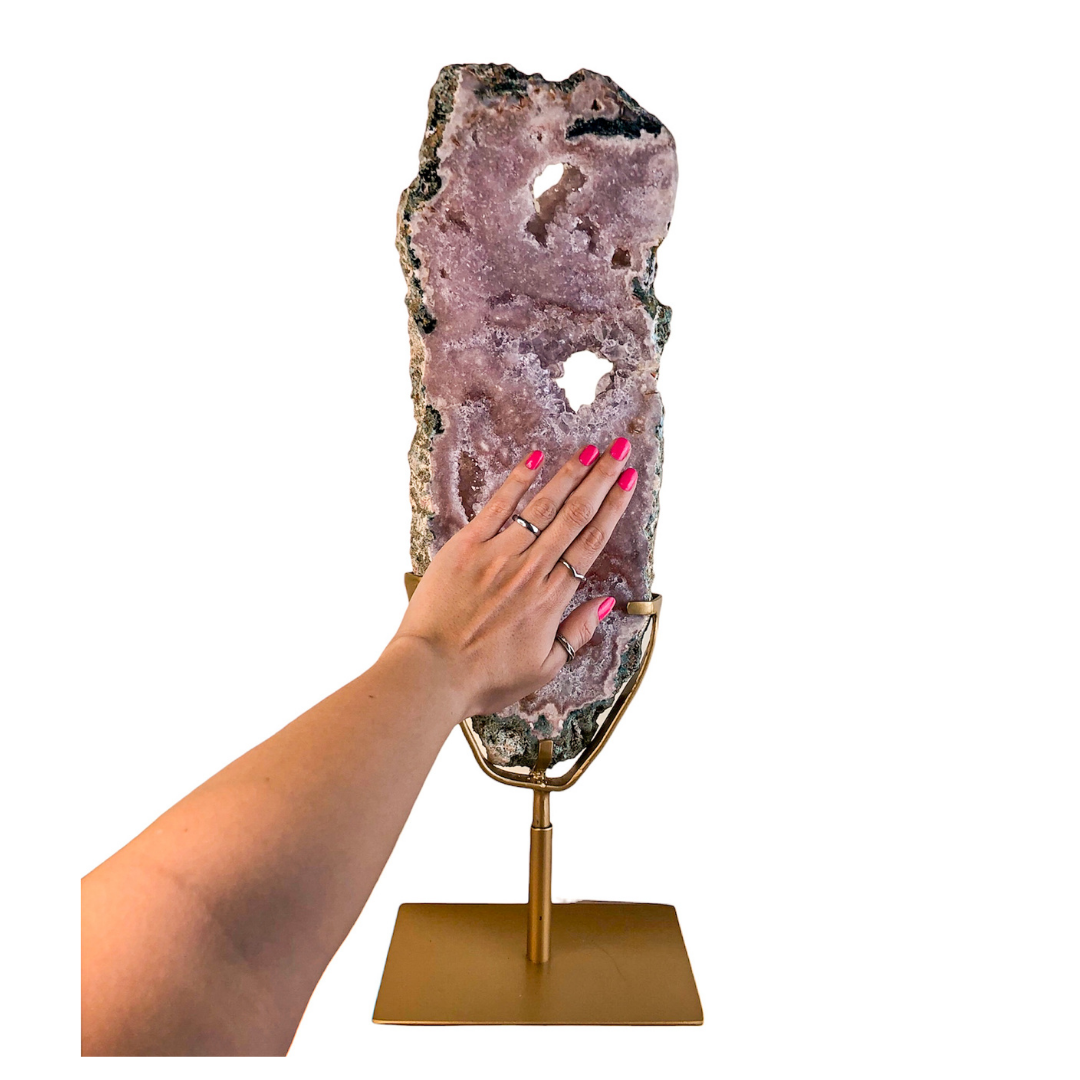 Pink Amethyst Slab on Stand - With Hand to see the size