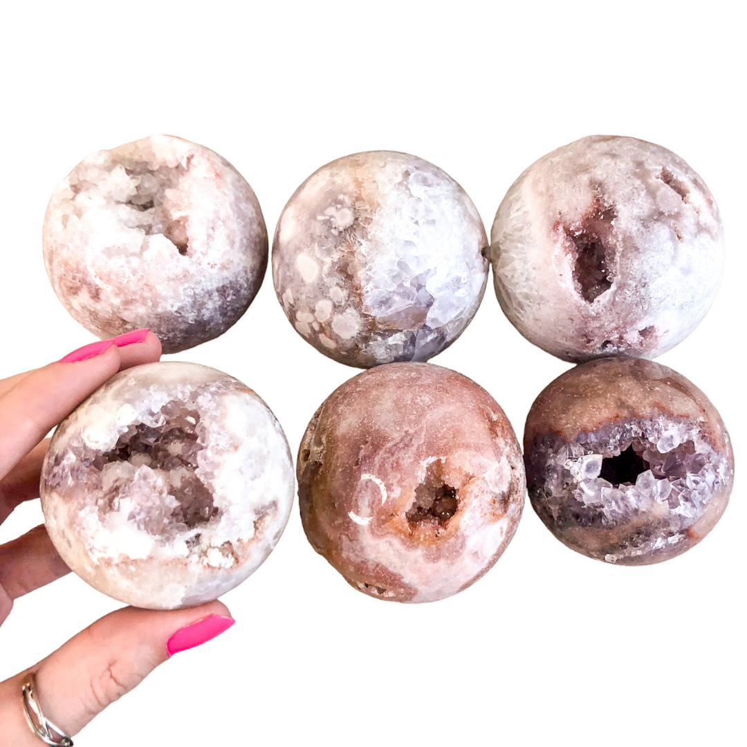 Pink Amethyst Spheres - Set of 6 Pieces with Hand