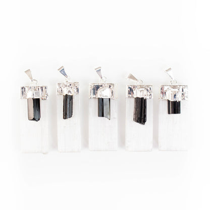 Selenite with Black Tourmaline Points Pendants - Nativa Gems