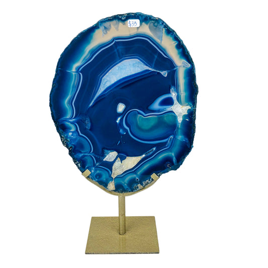 BLUE AGATE SLICE ON STAND - Nativa Gems Brazil